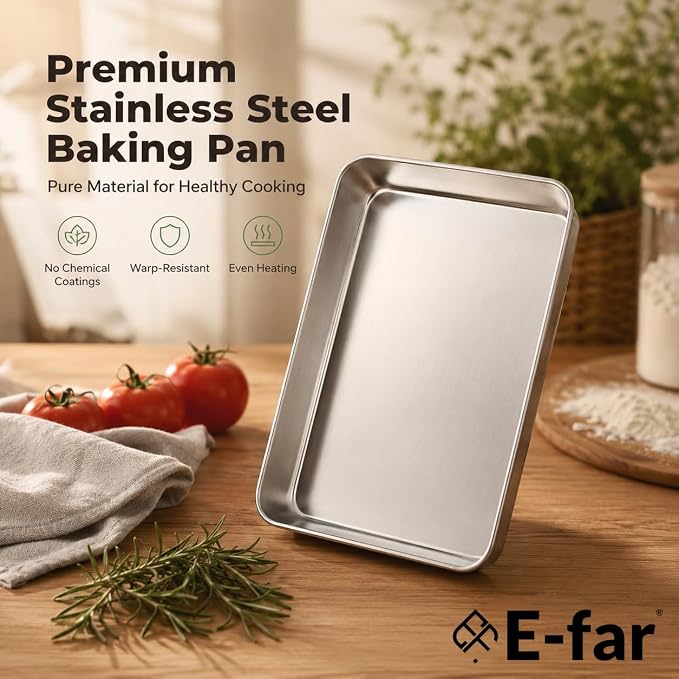 E-far 2 Pack Stainless Steel Baking Pans, 12⅓ x 9¾ x 2 Inch for Cake | Rectangular Deep Sheet Cake Pans for Lasagna Brownies Casseroles, Non-toxic & Healthy, Heavy Duty & Dishwasher Safe