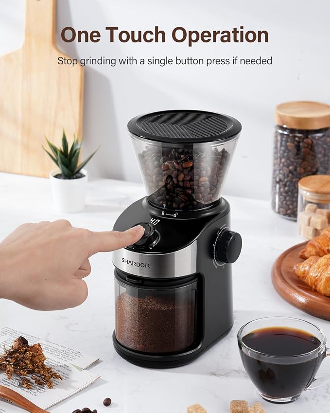SHARDOR Burr Coffee Bean Grinder, 32 Settings, 40-Second Timer, Black | Electric Grinding, Chamber Cleaning Button, Adjustable Grind Time Control, Removable Hopper, Compact Design, Home Brewing
