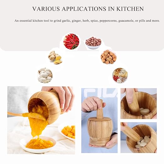 Mortar and Pestle Set with Lid and Spoon, 100% Natura Bamboo Spice Grinder, Crush, Press, Mash Spices, Herbs, Garlic, Pepper, Guacamole, Nuts, Fruit, 4.6 inch Mortar and Pestle Set Bowl for Kitchen