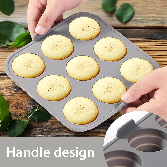 Silicone Muffin Pan Set of 2, 9-Cup Collapsible Cupcake Tray | Easy Pop-Out Release, Foldable & Space-Saving, 7.87 x 7.87 in, Non-Stick Cups, Oven & Air Fryer Safe