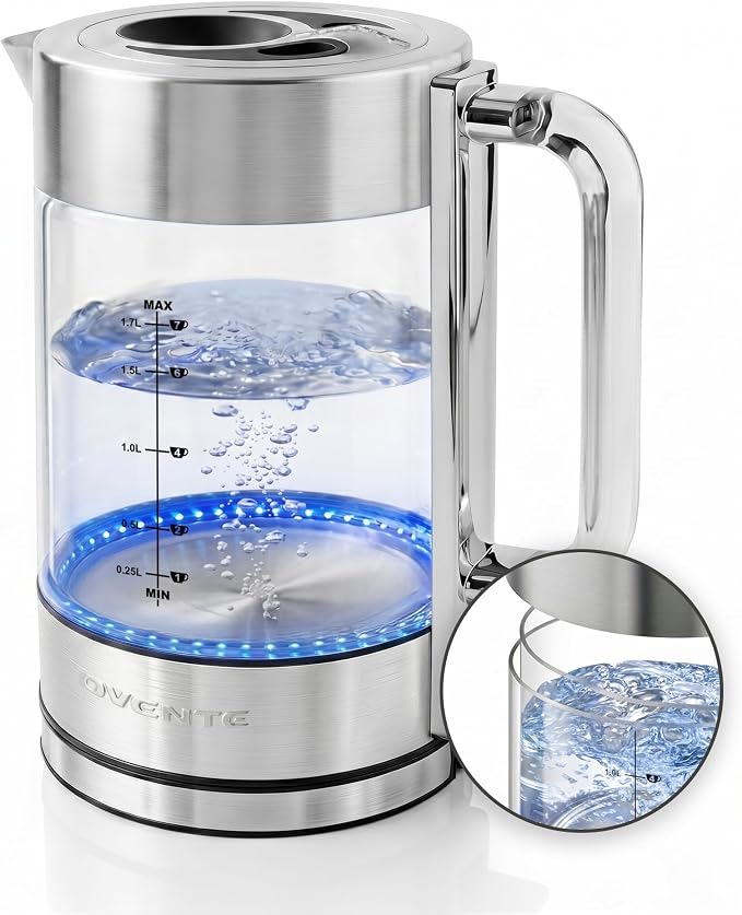 OVENTE 1.7L Double Wall Glass Electric Kettle Water Boiler, Silver KG912S | 1500W Fast Boiling, Easy Fill Lid, Borosilicate Glass, Cool-Touch Design, Blue LED, Auto Shut-Off, Boil-Dry Protection