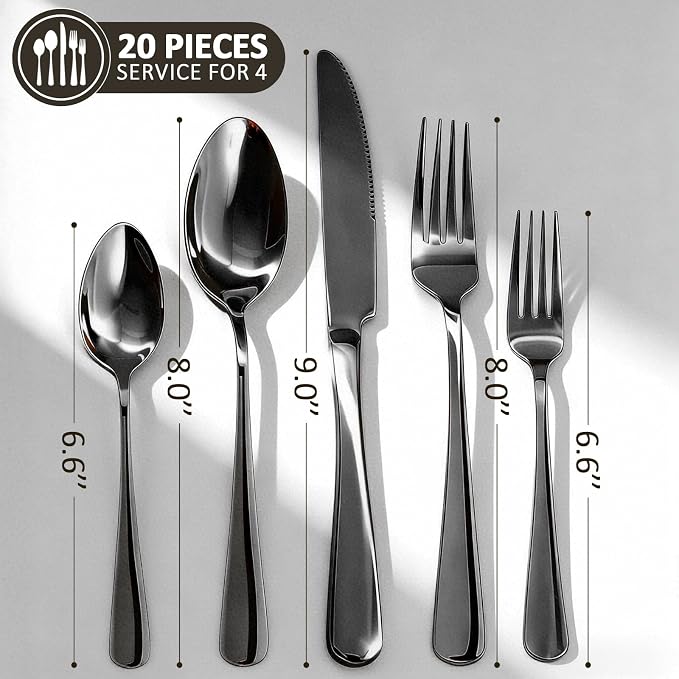 20 Piece Silverware Set, Kitchen Utensils Set for Restaurant & Home, Stainless Steel Cutlery Set, Flatware Set include Forks, Knives, Spoons, Black