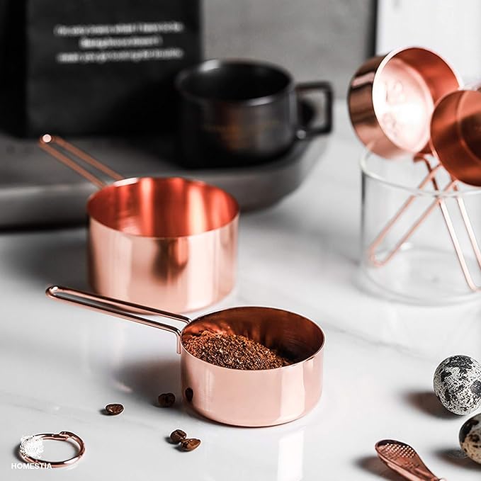Copper Stainless Steel Measuring Cups and Spoons Set of 8 Engraved Measurements, Pouring Spouts & Mirror Polished for Baking and Cooking Include Magnetic Measurement Conversion Chart by KAISHANE | Engraved measurements, dual pour spouts and magnetic co...
