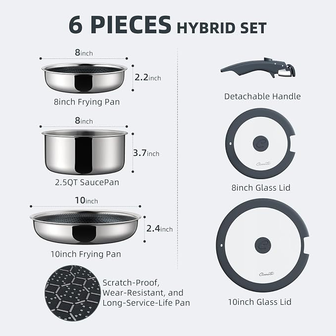 6-Piece Hybrid Stainless Steel Pots and Pans Set Non Stick, Tri-Ply Stainless Steel Cookware Set with Lids and Detachable Handle, PFOA Free Kitchen Skillet for All Cooktops, Dishwasher Safe