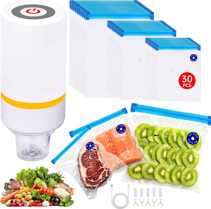 42 PCS Sous Vide Vacuum Sealer Set - 30 Reusable Bags, 5 Clips and Sealing Clips for Anova, Joule Cookers | 5 Clips and Sealing Clips for Anova, Joule Cookers Handheld Vacuum Sealer Machine, Seal Meal Saver, Portable Food Sealer
