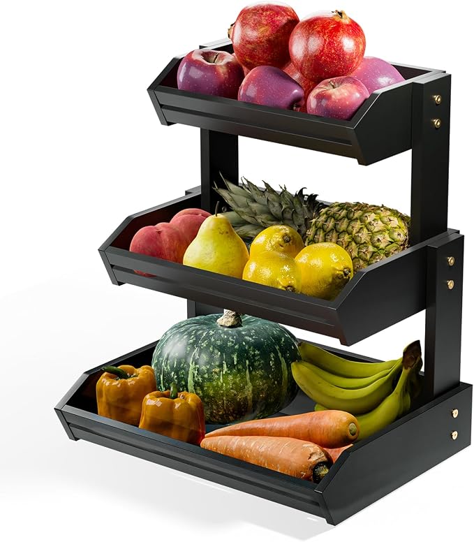 HOLANA Acacia 3 Tier Fruit Basket, Easy Assembly, Versatile Use (Black) | Solid Acacia Wood, Non-slip Pads, 20LBS Capacity, Slatted Design, Multi-Purpose Storage for Fruit & Vegetable, Pantry Bin