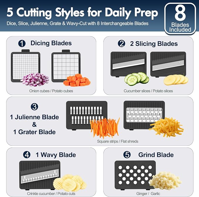 Ourokhome Food Chopper with Container, Manual Mandolin Vegetable Slicer Onion Dicer with 8 Blades, Hand Veggie Shredder for Potato, Tomato, Essential Kitchen Gadgets (8 in 1, White)