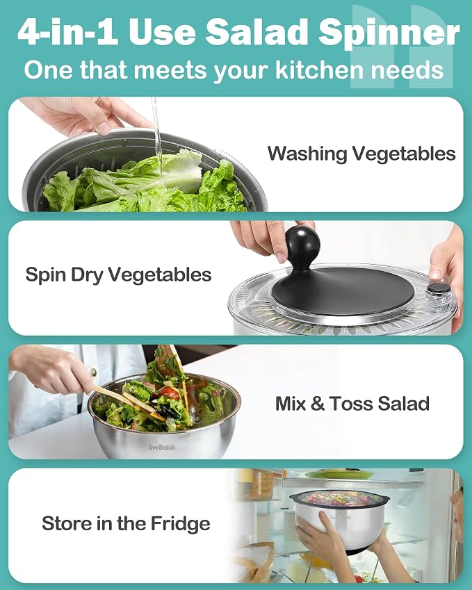 Stainless Steel Salad Spinner with Storage Lid, 5.3 Qt, BPA-Free, 4-in-1 Multi-Functional Lettuce Spinner, Fruit & Vegetable Washer, Easy Clean, Stop Button, Non-Slip Base