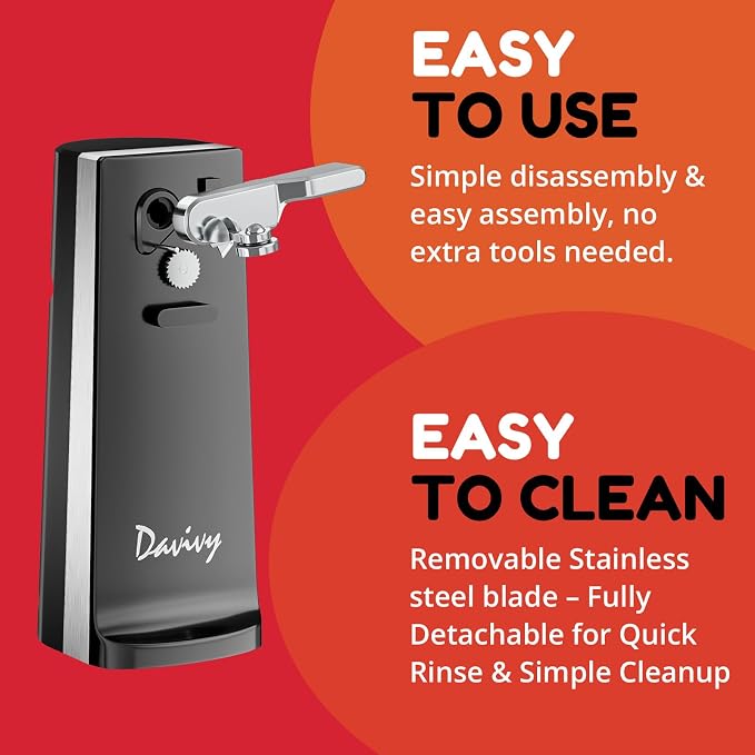 Davivy Electric Can Opener, One Touch Lid Opener, Removable Stainless Steel Cutter and 3-in-1 Design, with Sharpener and Bottle Opener (Black)