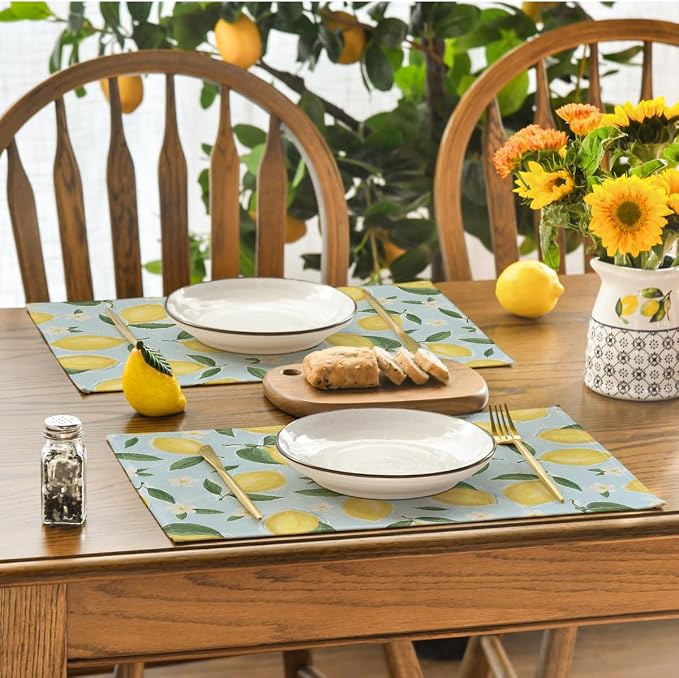 Artoid Mode Blue Lemon Flower Floral Summer Placemats Set of 4,12x18 Inch Seasonal Spring Table Mats for Party Kitchen Dining Decoration