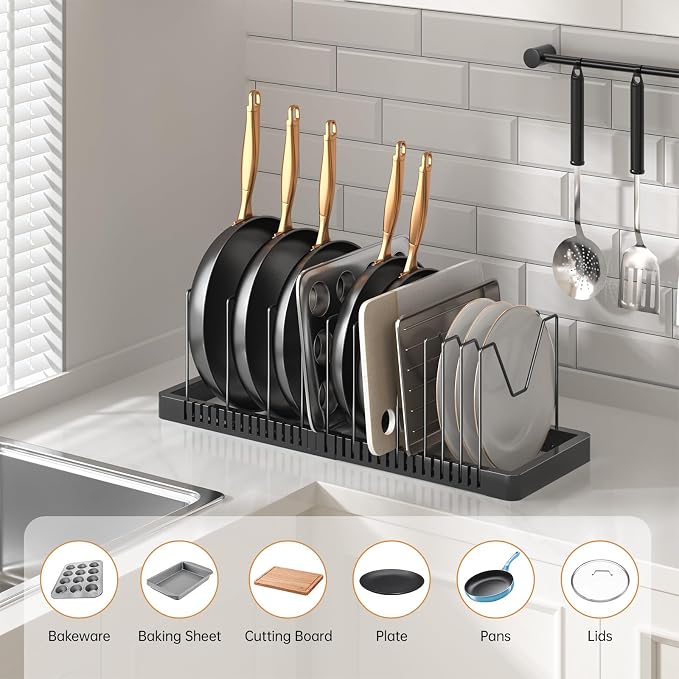Pots and Pans Organizer under Cabinet, Expandable Pot Lid Organizer Holder with 12 Adjustable Compartment, Pan Organizers inside Cabinet for Lids, Bakeware, Kitchen Storage Pot Rack, Black