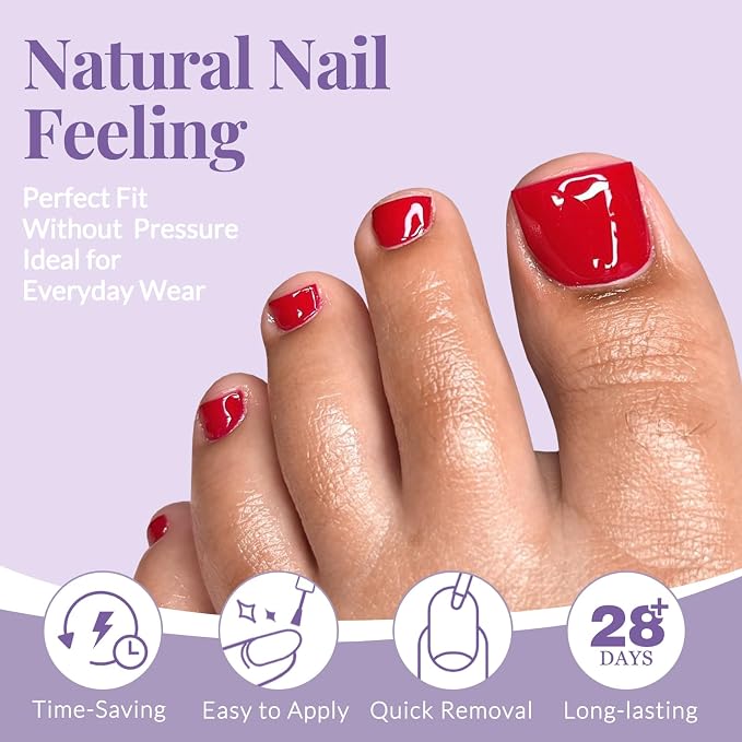 AddFavor 160pcs Red Press on Toenails for Women, Full Cover Fake Toe Nail Tips with Adhesive Tabs, Artificial Pedicure Toe Nail Press ons, Red False Toenail Press ons