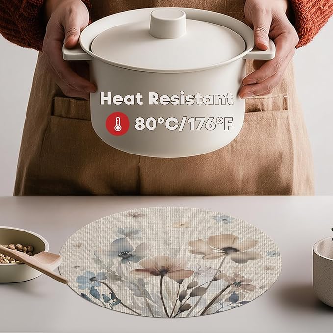 Artoid Mode Brown Poppy Floral Round Placemats Set of 4, 14 Inch Washable Non-Slip Plastic Woven Plastic PVC Place Mats for Farmhouse Party Dining Decor