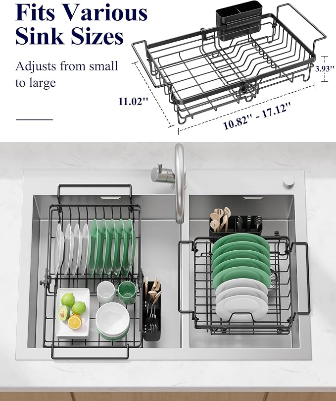 Kitsure Expandable in-Sink or Over-Sink Dish Drying Rack, Large, Black | Rust-Resistant Dish Rack for Kitchen Counter, Dish Drainer with Cutlery Holder, 10.82"-17.12" L x 11.02" W x 3.93" H