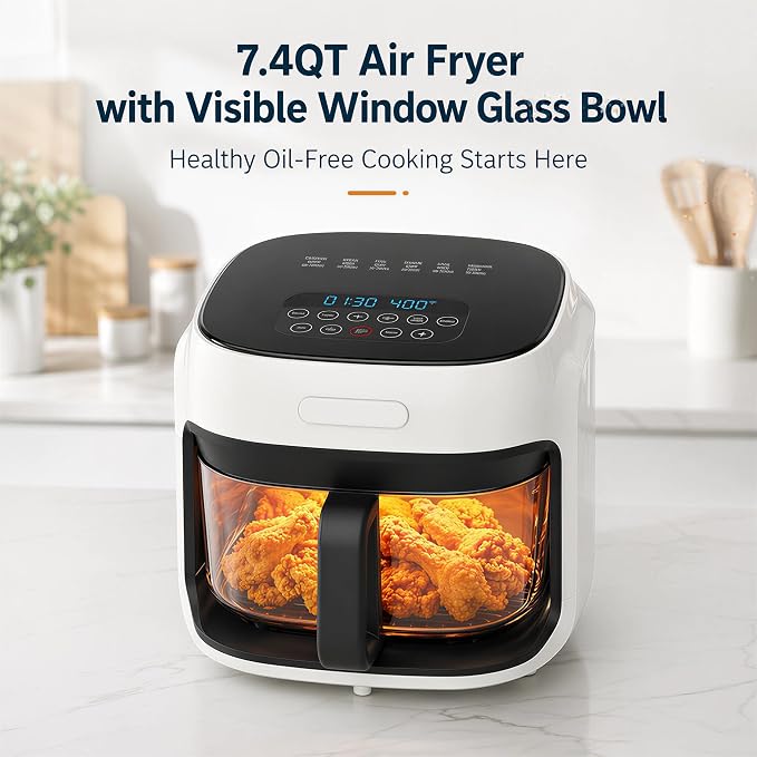 7.4QT Glass Air Fryer with Glass Basket, White | Visible Window Lid, Digital Control, 360° Air Circulation, Oil-Free Cooking & Baking, Nonstick, Dishwasher Safe Easy Clean