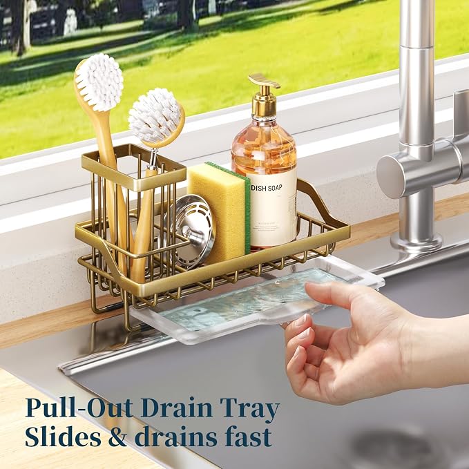 Consumest Sponge Holder for Kitchen Sink - Sink Caddy with Dish Brush Holder, Stainless Steel Kitchen Organizer with Drip Tray for Countertop, Darker Gold