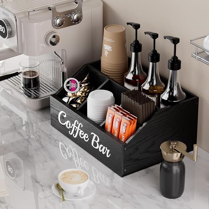 2 Pack Coffee Station Organizer for Countertop – Wooden Coffee Bar Organizer with Adjustable Dividers,Holds K Cup Pod & syrup bottles, for Kitchen, Office, or Bar and Tea Station, Black