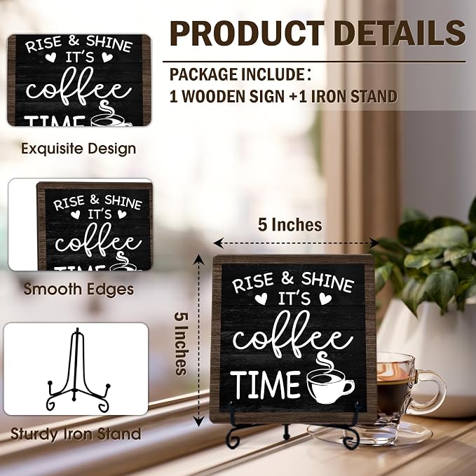 Rustic Coffee Bar Decor, 5"x5" Coffee Bar Sign | Rise & Shine It's Coffee Time Wood Plaque with Stand | Minimalism Gift for Home Kitchen Tabletop Desk - A05