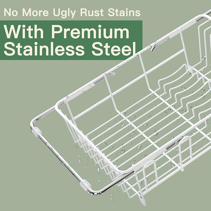 White Dish Drying Rack Over Sink with Utensil Holder, Drainboard | Expandable Stainless Steel Dish Drainer for Small Kitchen, Apartment, RV, Counter Space Saving, Perfect Fit, Rustproof
