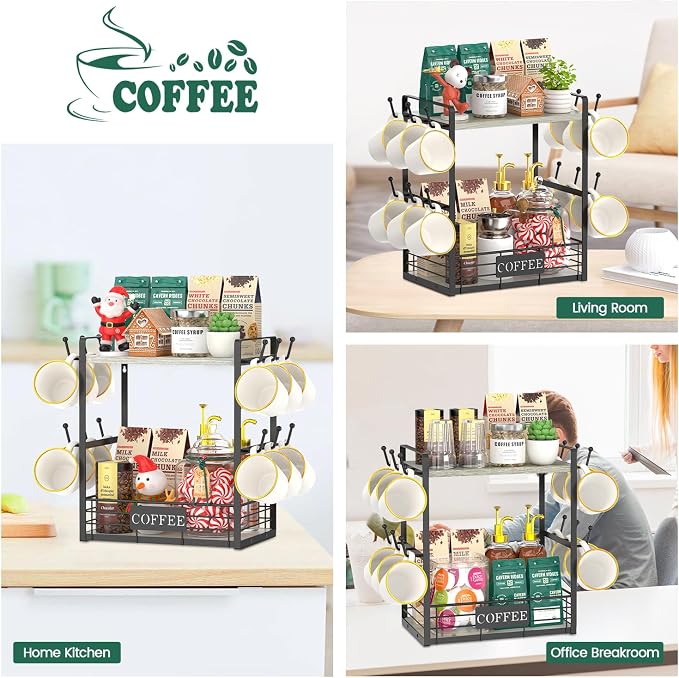 EsLuker.ly Coffee Mug Cup Holder Tree Bar Station Organizer, 2 Tier Light Grey