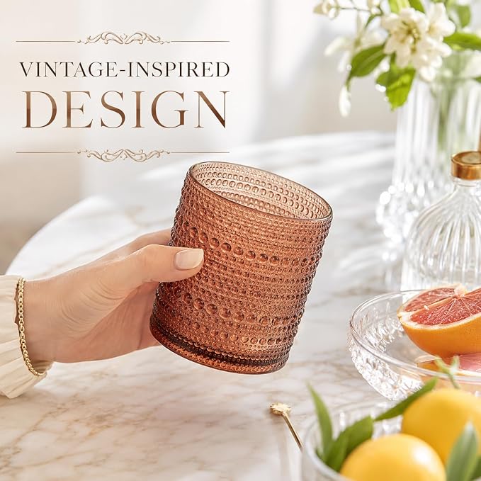 Venus Amber Brown Hobnail Highball Glasses Vintage Tumblers Set of 6 11 oz | Vintage Beaded Design, Embossed Bubble Texture, Elegant Color, Timeless Drinkware for Home Bars, Parties, and Housewarmings