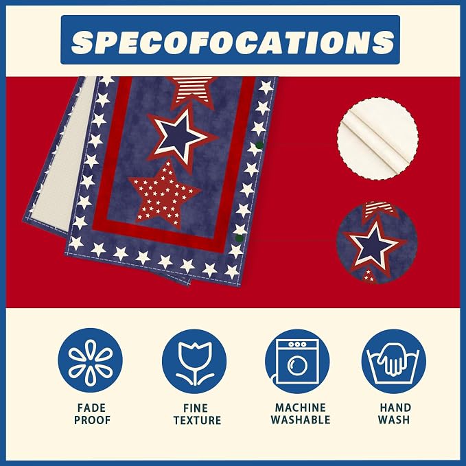 XCHI Blue Patriotic Red White Stars America 4th of July Memorial Day Independence Day Table Runner Decoration for Home Kitchen Holiday Party 13x60 Inch