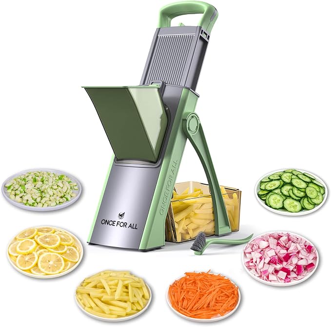 ONCE FOR ALL Safe Mandoline Slicer Plus, Bigger Size, Veggie Slicer, Green | 0.1-8mm Adjustable Vegetable Food Chopper, Kitchen Mandoline Slicer Stainless Steel, Detachable Blade, Dishwasher-safe, Gift
