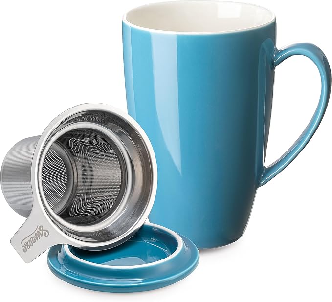 Sweese 15 OZ Porcelain Tea Mug with Infuser and Lid, Loose Leaf Tea Cup, Gifts for Tea Lover, Steel Blue