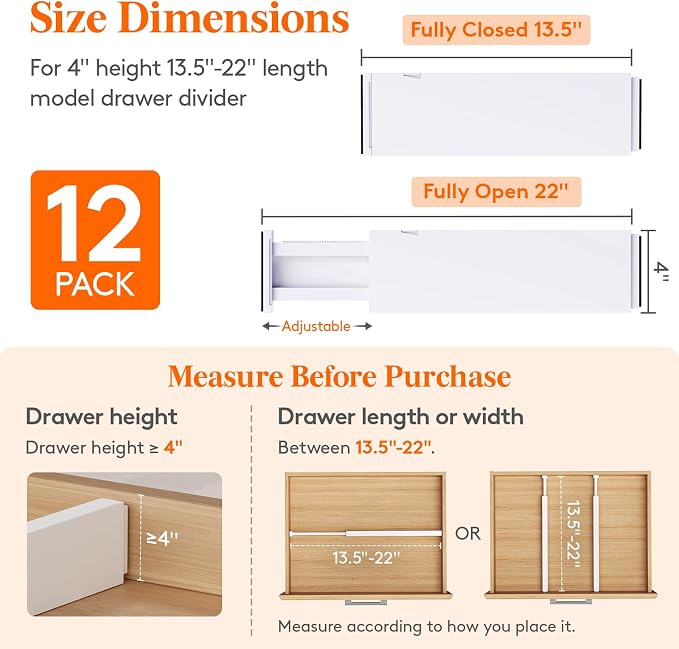 Lifewit 4" High Upgrade Drawer Divider, Adjustable Drawer Organizer Clothes | 13.5"-22" Expandable Plastic Drawer Separator for Dresser, Kitchen, Closet, Nursery, Office Organization & Storage, 12 Pack