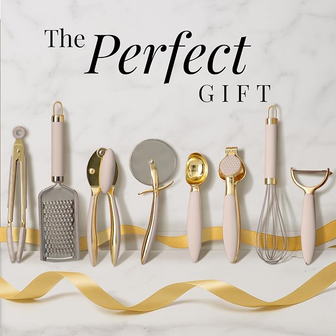 Styled Settings Beige and Gold Kitchen Utensils Set, 8-Piece | Silicone, 8 PC Cooking Gadgets with Mini Gold, Pizza Cutter, Garlic Press, Cheese Grater, Peeler