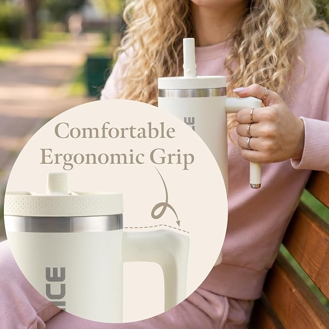 Cream 30 oz Insulated Tumbler with Handle Coffee Tumbler Cups with Lid and Straw, Leakproof Insulated Cup Stainless Steel Travel Mug Water Bottle for Iced Tea, Coffee, Cold Beverages for Car Office