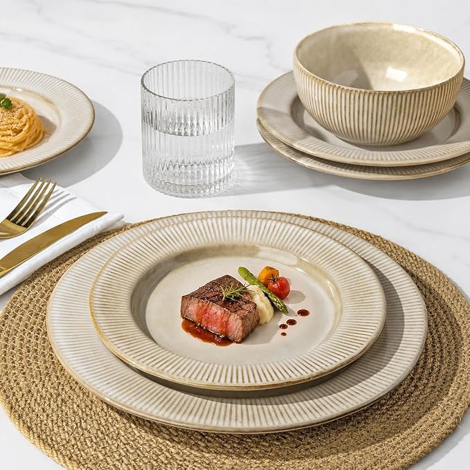 GBHOME Ceramic Dinnerware Sets of 4,12 pcs Plates and Bowls Sets Dishes | Embossed Elegant Stoneware Dishes Set | Dishwasher & Microwave Safe | Service for 4