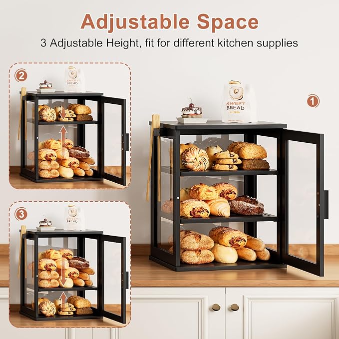WOWLIVE Bread Box for Kitchen Countertop, 3 Layers Bread Storage Container | Large Bamboo Bread Bin for Homemade Bread with Window, Farmhouse Breadbox Organizer for Kitchen, Cabinet, Black, Extra Large