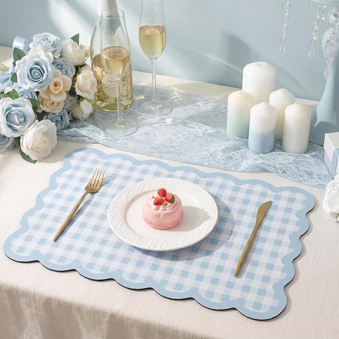 Blue Gray Scalloped Gingham Coffee Mat 12" x 20" | Absorbent Bar Mat Gingham Espresso Matt with Non Slip Rubber Backing for Coffee Countertops