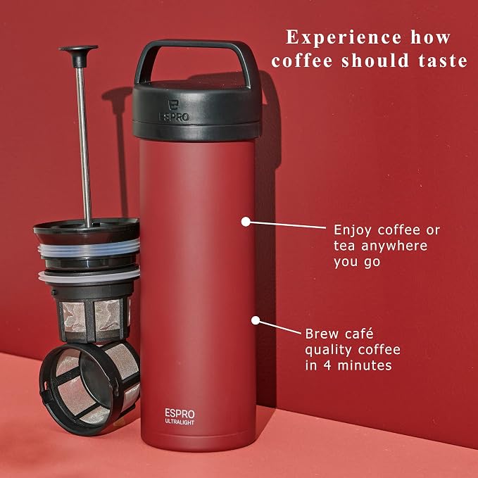 ESPRO Go P0 Ultralight French Press Coffee Maker for Travel, Vacuum Insulated Stainless Steel, 16 Ounces, Cranberry