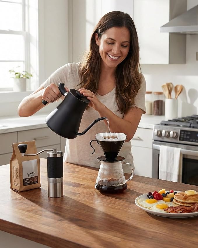 AGOGO Stainless Steel V60 Coffee Dripper & 50 Paper Filters, Black | Unbreakable carafe for kitchen RV camp and office, includes barista towel, lead-free food grade 304 stainless steel