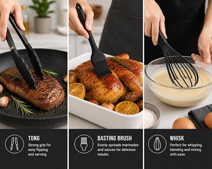 Caboh Silicone Kitchen Utensil Set 12 PCS – Heat Resistant Cooking Tools with Spatula, Serving Spoon, Tongs, Whisk & Holder, Nonstick Safe BPA-Free Kitchen Accessories Set (Black)