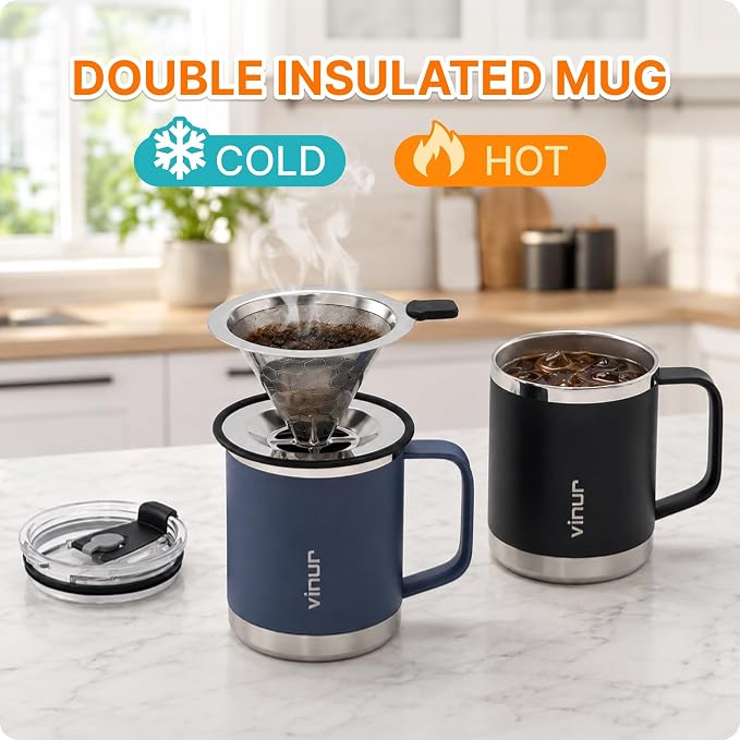 Pour Over Coffee Maker-12 oz Insulated Mug With Stainless Steel Filter | Stainless Steel Double Wall Vacuum Insulated Coffee Maker With Stainless Steel Filter for Home, Camping, Office (Slate Blue)