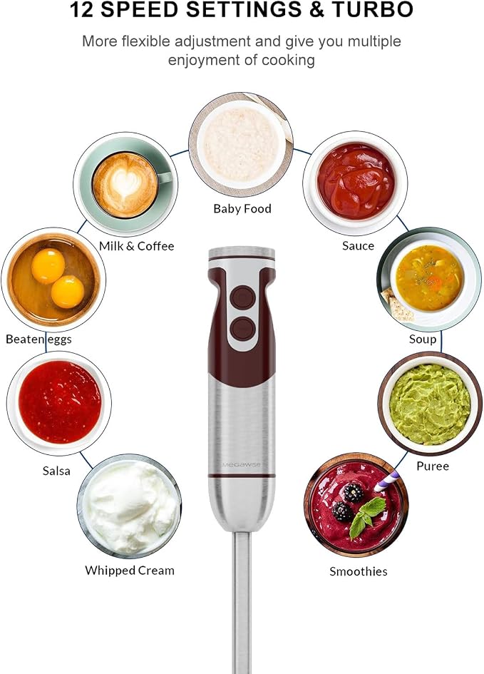 MegaWise 5-in-1 Immersion Hand Blender Set with Variable Speed, 400W, Stainless Steel - Includes Chopper, Whisk, Milk Frother, and Beaker - Ideal for Soups, Smoothies, Baby Food & More (RED)