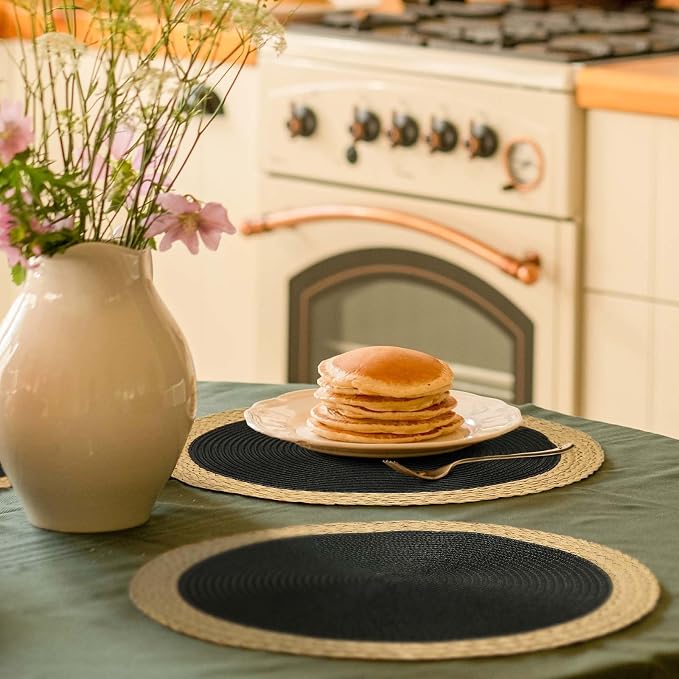 Round Placemats Set of 8, Woven Table Mats, Wide Edge, Black | Braided Paper Edge, 15 Inch Diameter, Fits Dinner Plate and Flatware, Wipeable, Heat Resistant, Indoor Dining, Outdoor Patio