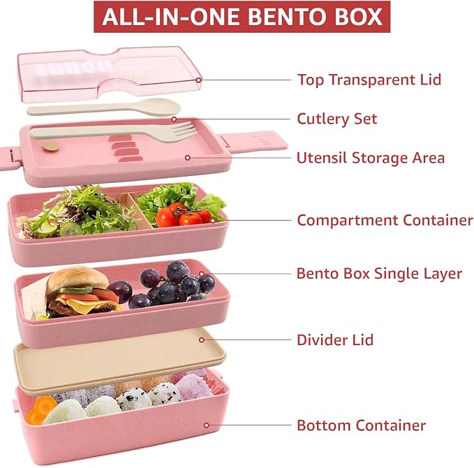 35Pcs Bento Box Japanese Lunch Box Kit Leakproof Lunchbox, Pink | Wheat straw 3 layer stackable lunch container with compartments and lunch bag for kids adults teens meal prep school office