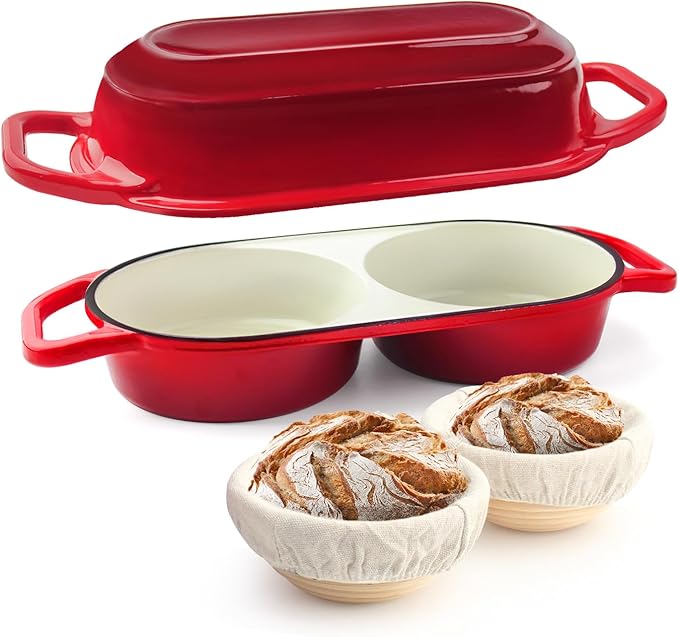 YONILL Mini Double Dutch Oven with Lid for Sourdough Bread Baking (Red) | Enameled Cast Iron Pot with Lid, 5" Banneton Bread Proofing Basket Include, Dual Round Bread Loaf Pan for Homemade Baking