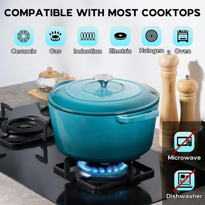 Onader Small Dutch Oven Pot with Lid, 3 Quart Round Enameled Dutch Oven for Bread Baking, Heavy Duty Cast Iron Cookware - Dark Cyan