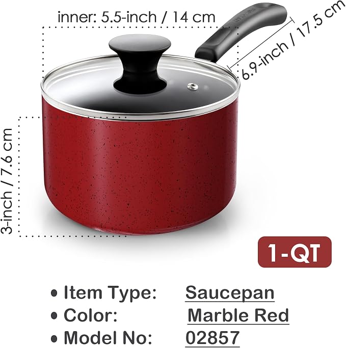 Cook N Home Basic 1 Quart Nonstick Saucepan with Glass Lid, Small Non Stick Aluminum Sauce Pan, Multi-Purpose Milk Chocolate Cooking Pot with Stay-Cool Handle, Marble Red | Nonstick Aluminum Sauce Pan, Multi-Purpose Milk Chocolate Cooking Pot with Stay...