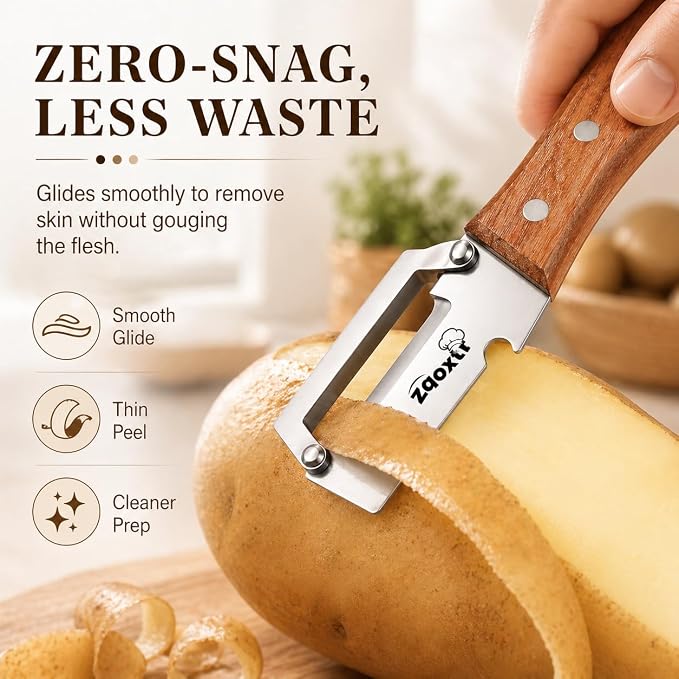 2-in-1 Multifunctional Vegetable Peeler with Bottle Opener | Wide Stainless Steel Blade and Non-Slip Wooden Handle, Kitchen Peeler for Potato, Apple, Pumpkin, Fruit and Vegetables
