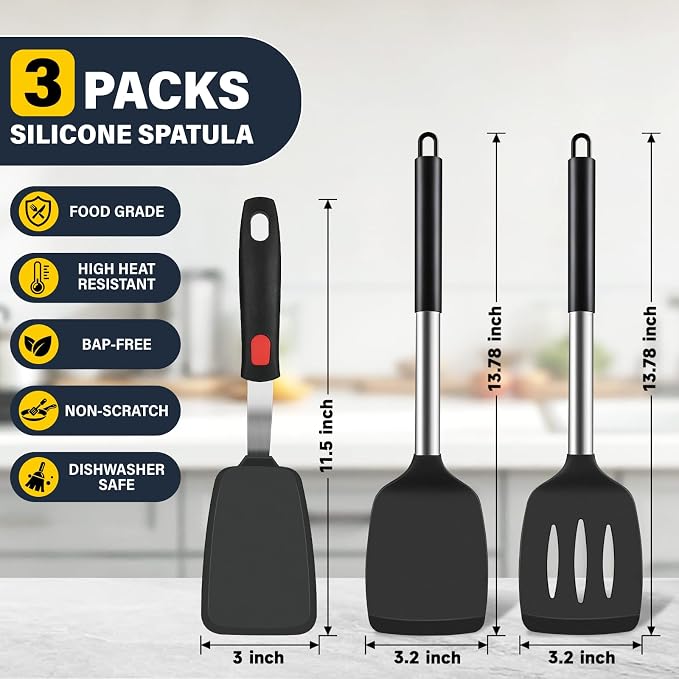 Silicone Spatula Set, Heat Resistant Solid & Slotted Turner for Non-Stick Pans, Silicone Cooking Utensils Set, BPA-Free, Flexible Spatula Turner for Flipping Eggs, Burgers, Pancakes, Black, 3 PCS-A