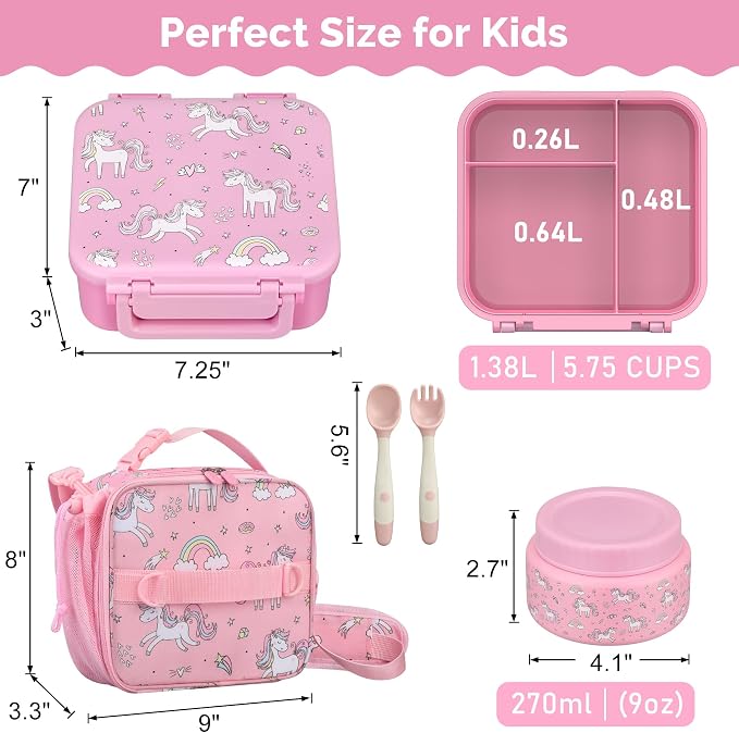 Kids Lunch Box Set with Bento Box, 9oz Stainless Steel Thermo & Insulated Lunch Bag – Hot & Cold Leakproof Lunch Container with Utensils for School & Travel