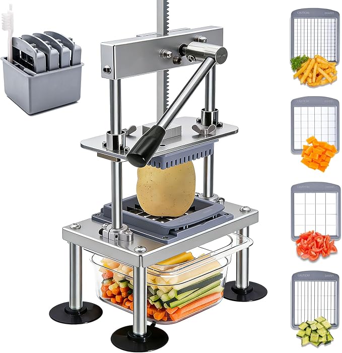 Moeuonb French Fry Cutter for Potatoes Vegetable Chopper for Tomatoes Fruit | 4 Replaceable blades, Stainless steel Construction, 10x Labor Saving Lever, Quick Change blade, Configure Food Container