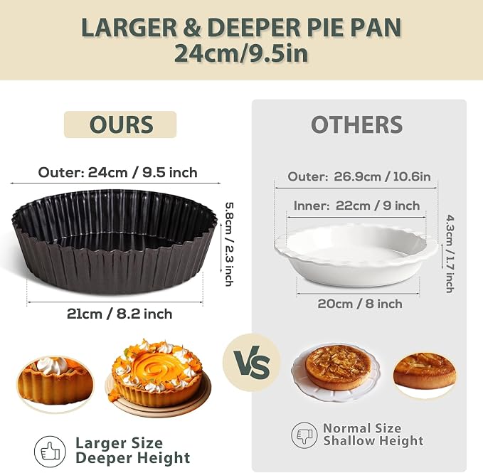 2 Pack 9.5 Inch Pie Pan with Removable Bottom for Baking Deep Quiche Dish | Deep Quiche Tart Pan Non Stick for Oven, Fluted Pie Dish Plate Tin for Apple, Pot Pies, Cheesecakes and Desserts Vnray