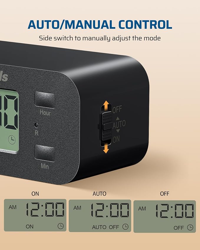 DEWENWILS Indoor 24 Hour Programmable Digital Timer Outlet, 1 Outlet,1 Pack | 3 On/Off Programs,125V/15A, 1/2 HP, 3 Prong Light Timer for Lamp,Aquarium, Christmas Decorations, Reptile Tanks,Black